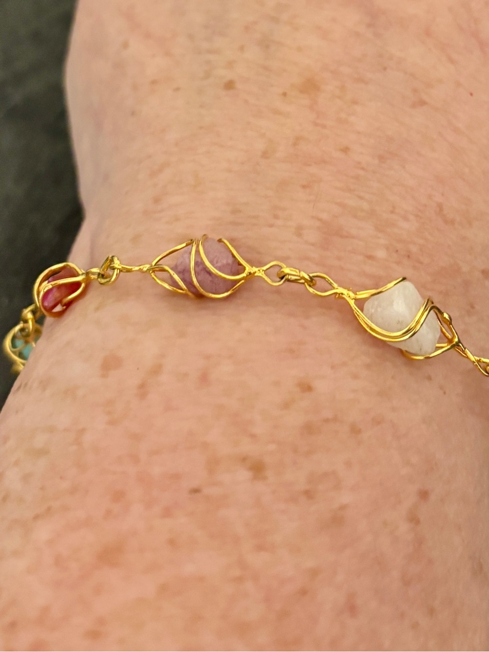 Gold-Tone Wire Wrapped Multicolor Bead Bracelet